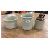 Set of 3 Vintage Stoneware Crocks with Brown Jug
