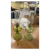 Pair of Vintage Green Glass Kerosene Oil Lamps