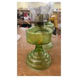 Pair of Vintage Green Glass Kerosene Oil Lamps