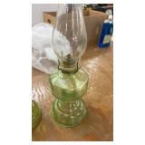 Pair of Vintage Green Glass Kerosene Oil Lamps