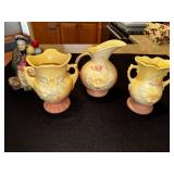 Set of 3 Hull USA Pottery Vases with Floral Design and Porcelain Figurine