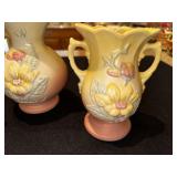 Set of 3 Hull USA Pottery Vases with Floral Design and Porcelain Figurine