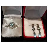 Elegant Silver Ring and sterling Silver Earrings with Blue Gemstones