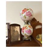 Antique Floral Glass Globe Lamp with Bronze Base