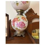 Antique Floral Glass Globe Lamp with Bronze Base
