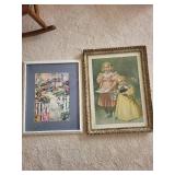 Set of 2 Vintage Framed Art Prints: Garden Scene and Children Illustration