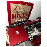 Collection of Holiday and Christmas Decorations Including Trees and Ornaments