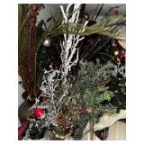Collection of Holiday and Christmas Decorations Including Trees and Ornaments