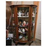 Vintage Curved Glass Curio Cabinet with Figurine Collection and Glass Vases