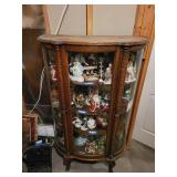 Vintage Curved Glass Curio Cabinet with Figurine Collection and Glass Vases