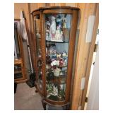 Vintage Curved Glass Curio Cabinet with Figurine Collection and Glass Vases