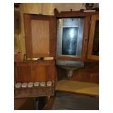 Antique Hoosier Kitchen Cabinet with Stained Glass Accents