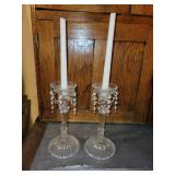 Pair of Vintage Glass Candle Holders with Decorative Crystals