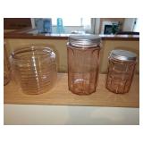 Set of Vintage Pink Glassware Including Pitcher, Tumblers, and Decorative Pieces