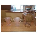 Set of Vintage Pink Glassware Including Pitcher, Tumblers, and Decorative Pieces