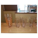 Set of Vintage Pink Glassware Including Pitcher, Tumblers, and Decorative Pieces