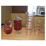 Set of Vintage Pink Glassware Including Pitcher, Tumblers, and Decorative Pieces