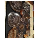 Collection of Amber Glass Serving Dishes with Etched Patterns