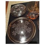 Collection of Amber Glass Serving Dishes with Etched Patterns