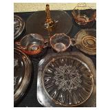 Collection of Amber Glass Serving Dishes with Etched Patterns