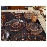 Collection of Amber Glass Serving Dishes with Etched Patterns