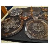Collection of Amber Glass Serving Dishes with Etched Patterns