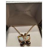 14k Gold Butterfly Necklace with Opal and Gemstones