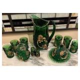 Vintage Green Glass Beverage Set with Gold Trim