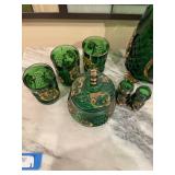 Vintage Green Glass Beverage Set with Gold Trim