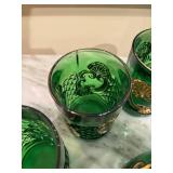 Vintage Green Glass Beverage Set with Gold Trim