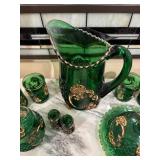 Vintage Green Glass Beverage Set with Gold Trim