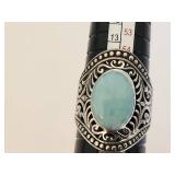 Sterling Silver Ornate Ring with Turquoise Stone, Size 8