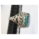 Exquisite Large Oval-Cut Gemstone Ring with Intricate Silver Filigree Setting