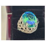 Exquisite Large Oval-Cut Gemstone Ring with Intricate Silver Filigree Setting