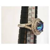 Sterling Silver Ring with Blue Stone and Possibly Diamond Accents, Size 7