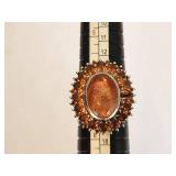 Stunning Oval Sunstone and Garnet Silver Ring - Size 7