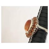 Stunning Oval Sunstone and Garnet Silver Ring - Size 7