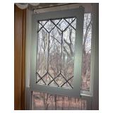 Two Stained Glass Panels with Geometric Pattern in White Frame