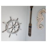 Nautical Wall Decor Set with Ship Wheel, Oar, and Seahorse