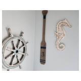 Nautical Wall Decor Set with Ship Wheel, Oar, and Seahorse