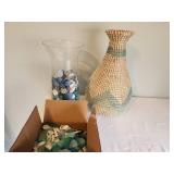 Decorative Wicker Vase, Sea Glass, and Shell Decor Set