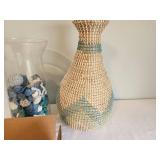 Decorative Wicker Vase, Sea Glass, and Shell Decor Set