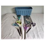 Collection of Scissors and Pen with Blue Basket