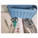 Collection of Scissors and Pen with Blue Basket