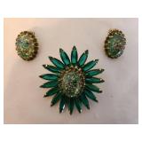 Vintage Costume Jewelry Sets - Green & Red Brooches with Matching Clip Earrings