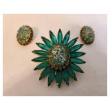 Vintage Costume Jewelry Sets - Green & Red Brooches with Matching Clip Earrings