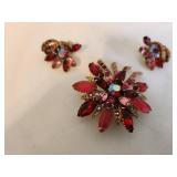 Vintage Red and Fuchsia Crystal Brooch and Earring Set