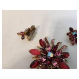 Vintage Red and Fuchsia Crystal Brooch and Earring Set