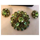 Vintage Green Rhinestone Brooch and Earrings Set