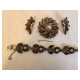 Vintage Rhinestone Brooch, Earrings, and Bracelet Jewelry Set